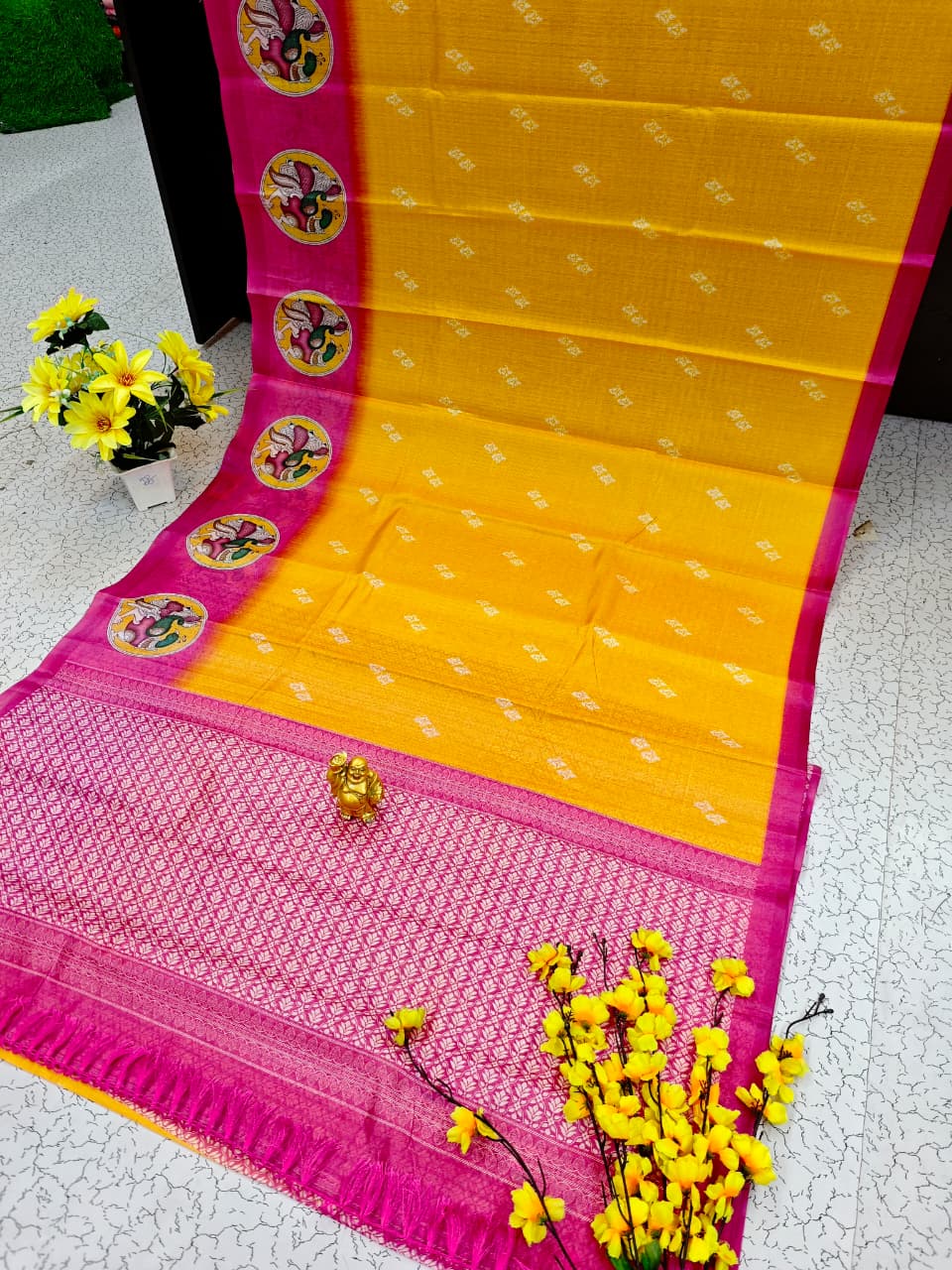Traditional Temple FANCY PRINT SOFT COTTON SAREES - Orange & Royal Blue